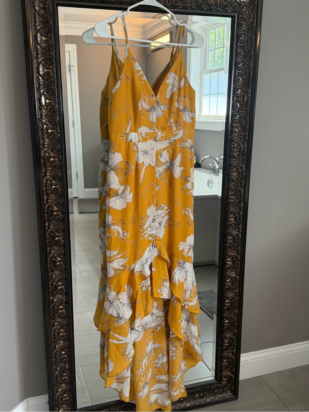 Lulu's Mustard Yellow Floral High-Low Maxi Dress